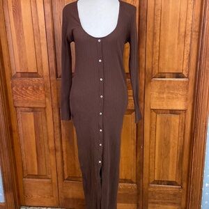 Zara Long-sleeved Scoop Neck Brown Maxi Sweater Dress L NWT